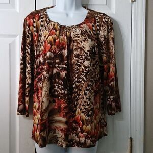 N Touch 3/4th length sleeve brown tall cream color blouse  Sz L EUC